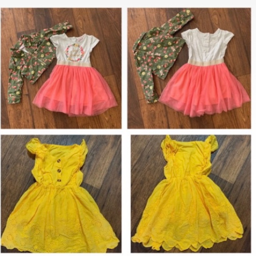 bundle 12 month baby dresses, 3 pieces, Yellow Pink Dresses, Green Jacket